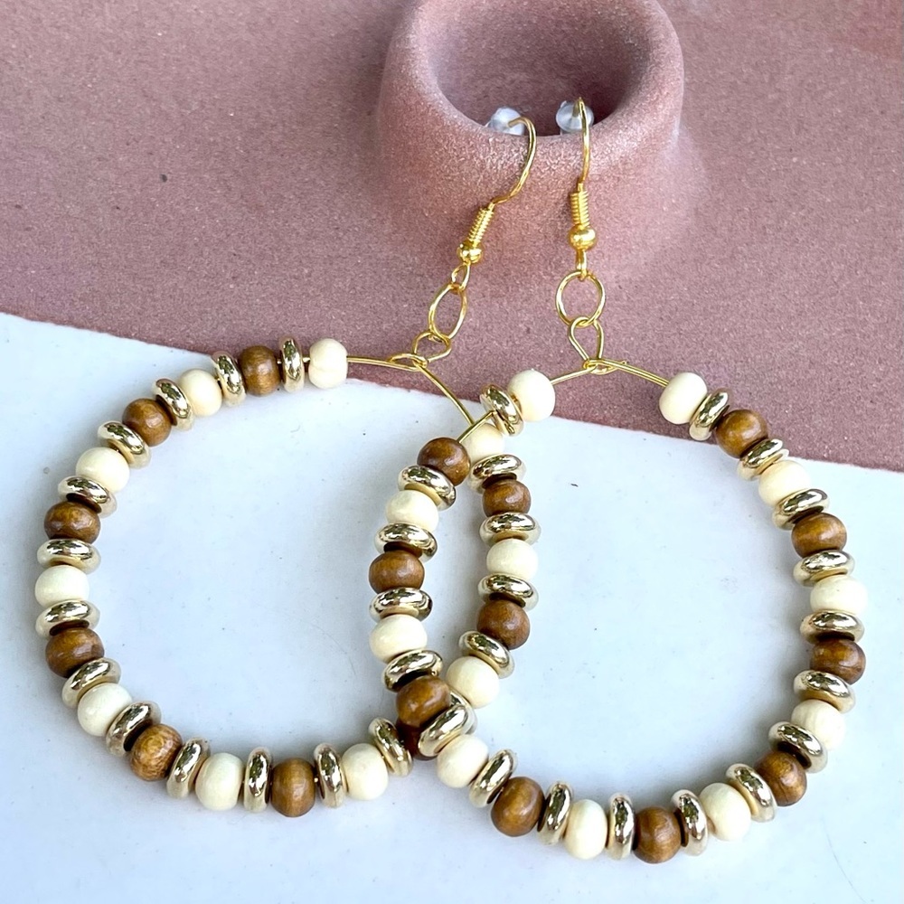 NWT Handmade Bohemian Woods Wooden Beaded Drop Gold Hoop Earrings​